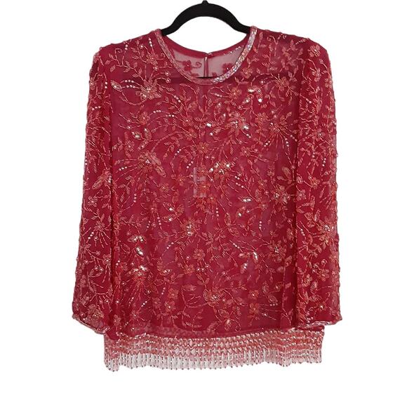 Vintage 70s Jack Bryan Beaded Sheer Silk Tunic Top Cherry Red Evening Holiday - Picture 4 of 15